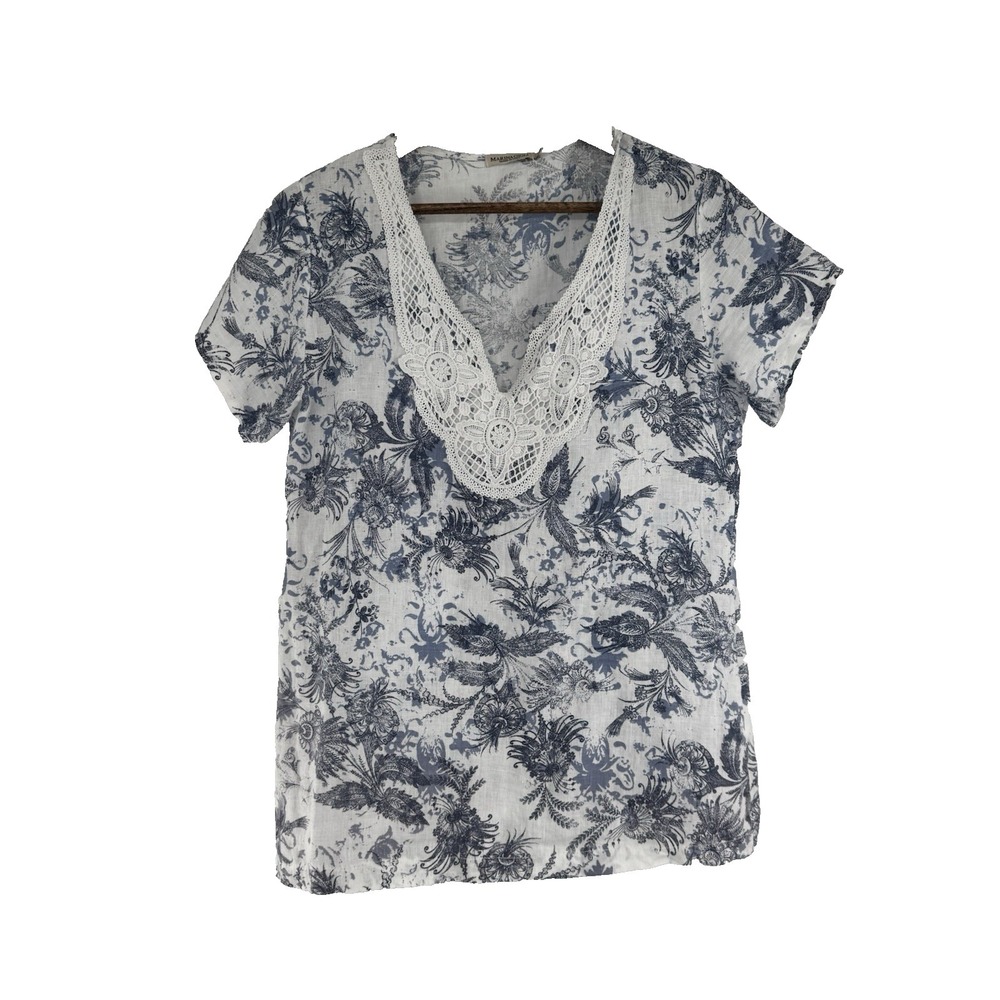 Marina‎ Gigli Linen Floral Toile Lace V-Neck Top Made in Italy Blue White Small